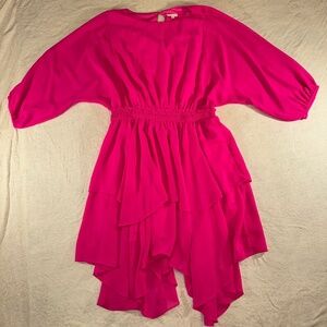 JODIFL Women’s Hot Pink Chiffon Dress Size M Smocked Waist Ruffle Hem Dolman
